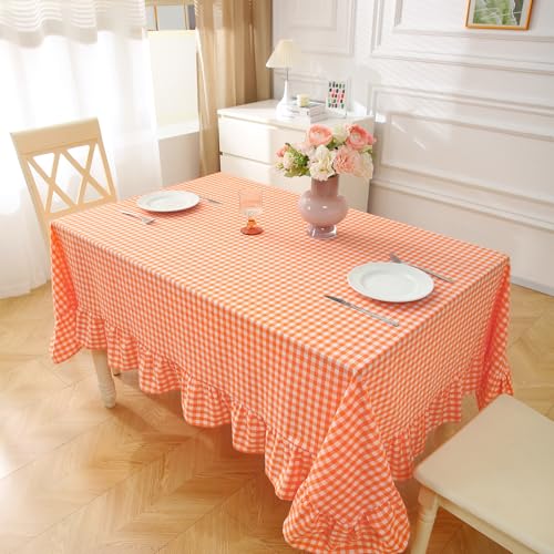Orange White Gingham Ruffle Square Tablecloth 60x60 Inches - Cotton