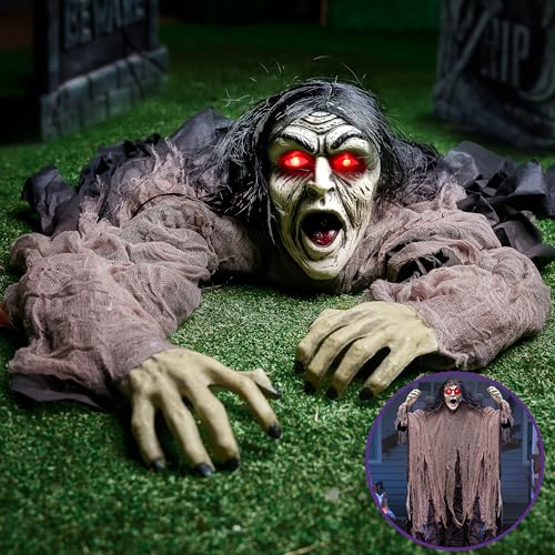 Halloween Zombie Decorations Outdoor Hanging Zombie Prop with Green Face and Lighted Eyes - Brown & Black Variation