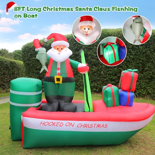 8 Ft Inflatable Christmas Santa Fishing on Boat with Built-in Lights - Outdoor Holiday Yard Decor