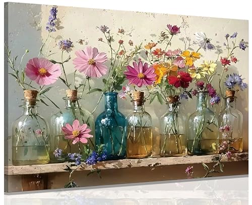 Colorful Farmhouse Floral Canvas Wall Art - 16x24 Inches Framed