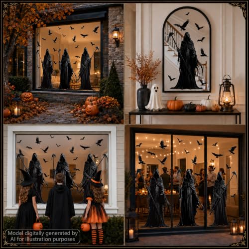 Halloween Grim Reaper Window Clings Decor Set - Extra Large Spooky Decals for Glass