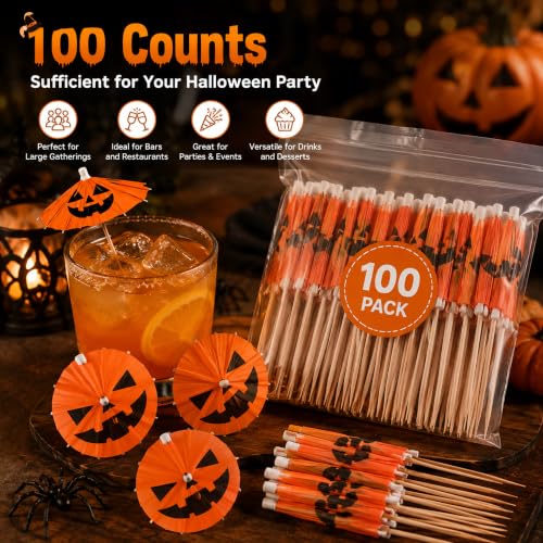 Halloween Pumpkin Cocktail Umbrellas - 100 Mini Food Picks for Drinks & Desserts