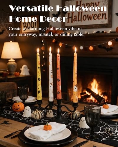 Halloween Ghost Taper Candles Set - Orange Gradient Spooky 10 Inch Decor - 4pcs