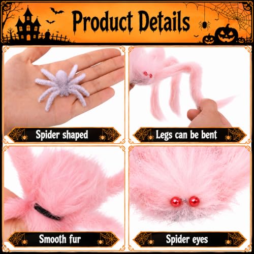 Pink Fuzzy Halloween Spider Decorations Set - Giant & Mini Spiders with Poseable Legs