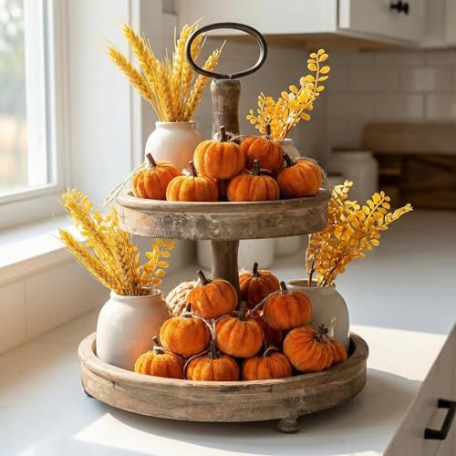 16 PCS Caramel Velvet Pumpkin Ornaments - Mini Hanging Fall Decor