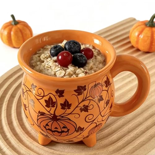 Ceramic Cauldron Mug 12 oz - Witchy Pumpkin Orange Coffee Tea Cup, Magical Gift