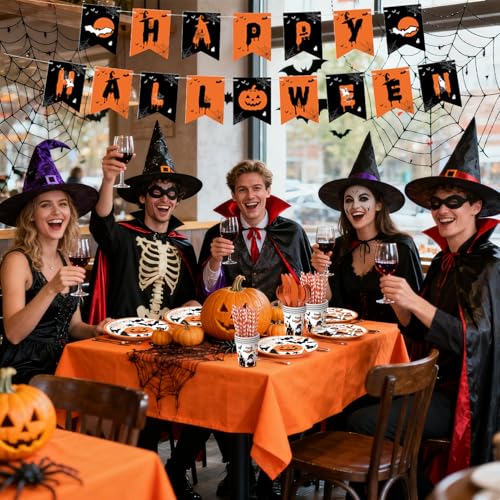 Halloween Party Supplies Set - 148 Pcs Pumpkin Theme Plates Cups Cutlery Balloons Banner