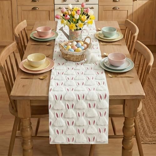 White Soft Plush Faux Fur Jacquard Easter Table Runner 13x36 Inch - Spring Holiday Home Decor