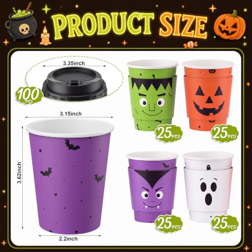 Halloween Disposable Coffee Cups with Lids & Sleeves - 8 oz Bulk Set