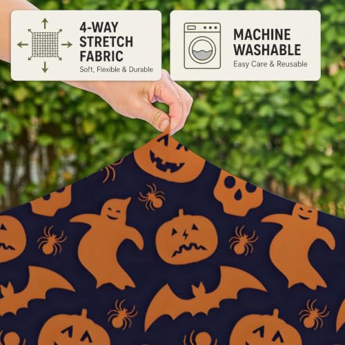 Halloween Black Outdoor Round Fitted Tablecloth 24 Inch with Orange Spider & Bats - Elastic, Washable, Wrinkle-Free
