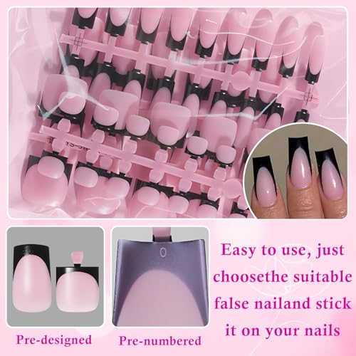 Black French Tip Press On Nails Square Medium 60pc Kit with Nail Files & Adhesive