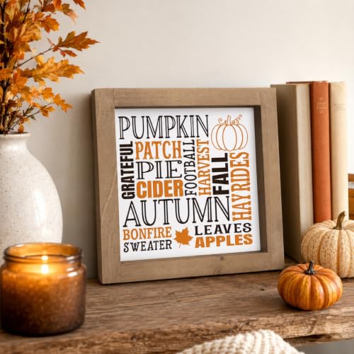 Fall Sign Autumn Wall Decor - Pumpkin, Maple Leaves, Apples, Bonfire, White - 6x6 in
