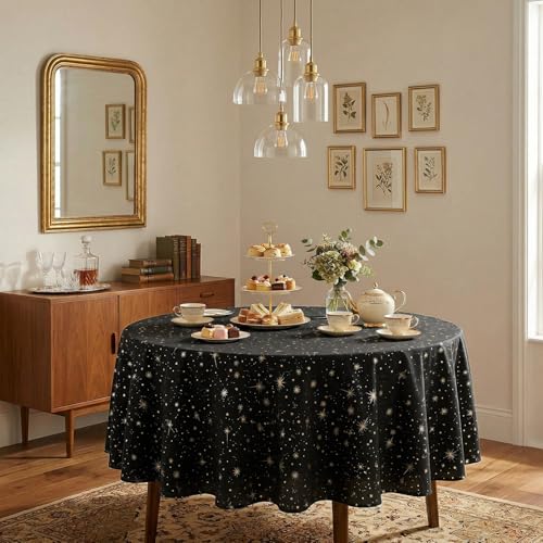 Black Round Tablecloth 60x60 Inch with Star Sequin - Durable Polyester