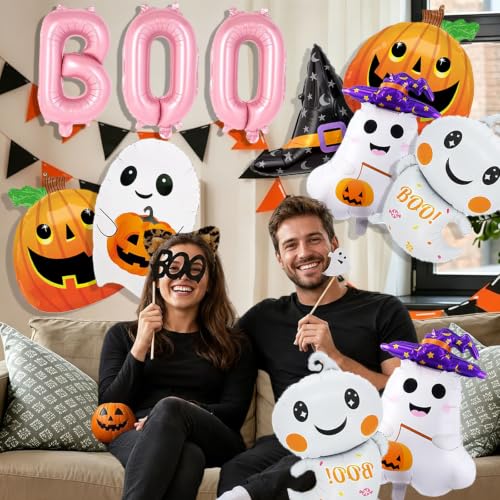 Halloween Foil Balloons Set with Ghost Pumpkin Witch Hat Pink Boo Decorations