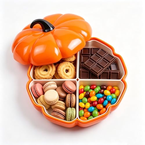 Pumpkin Divided Serving Tray with Lid - Orange Fall Themed Snack Platter, 4 Compartments, BPA-Free Halloween Party Decor