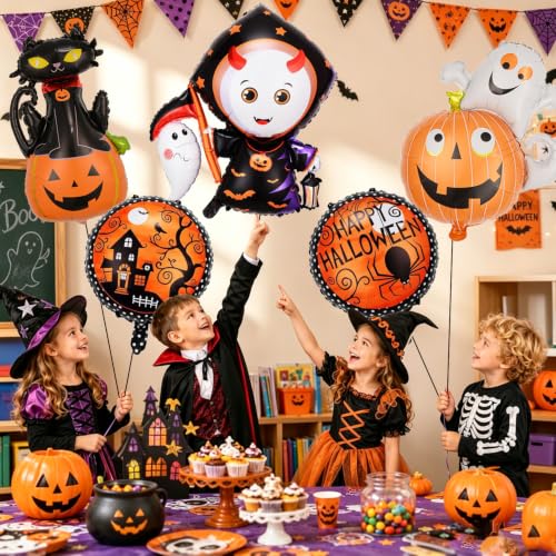 Red Halloween Ghost Balloons Set with Foil Balloons and Ribbon - 5 Pieces