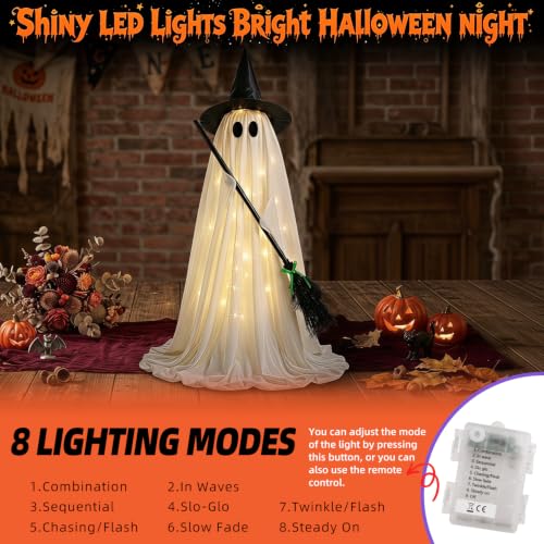 Outdoor Light Up Ghost with Witch Hat & Broom - 53 Inch Halloween Decor - White