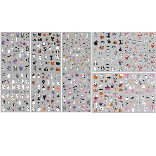 Halloween Nail Decals Set - 10 Sheets 3D Ghost Pumpkin Bat Skull Stickers - Style F