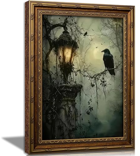 Crow Canvas Wall Art - Gothic Dark Academia Forest Scene, 11"L x 9"W