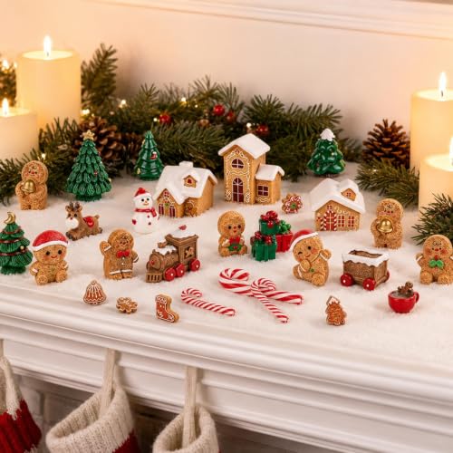 Christmas Gingerbread Mini Figurines Set - 36 Tiny Resin Decorations - Gingerbread House, Trees, Reindeer & More - Variation: Christmas Gingerbread