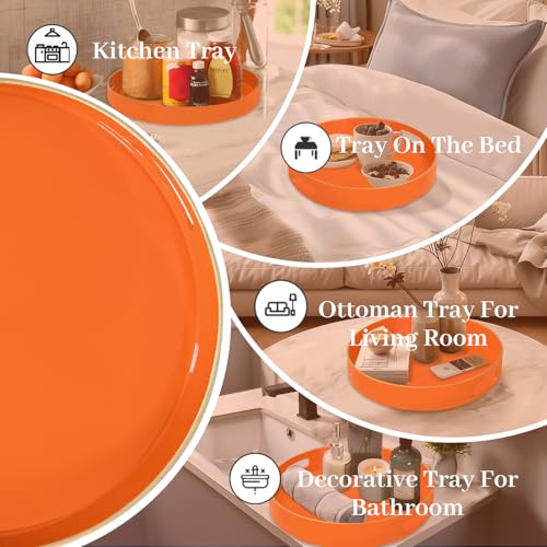 13-Inch Orange Decorative Serving Tray with Handles - Round Plastic Organizer