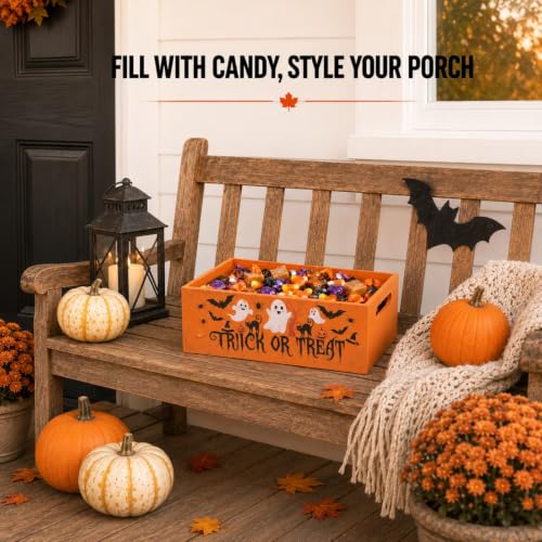 Halloween Candy Bowl Trick or Treat Holder Wooden Double Sided Decor