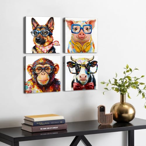Funny Animal Wall Art Canvas Print Set - Kids Bedroom Decor, 12x12 Inch, Cartoon Animals with Glasses - 4 Pieces