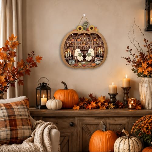 Halloween Pumpkin Library Sign - Bookish Ghost Decor for Fall & Halloween