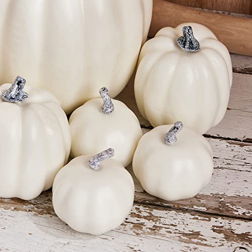 Artificial Pumpkins Set - White, 7 Varied Sizes for Autumn Fall Halloween Thanksgiving Farmhouse Decor