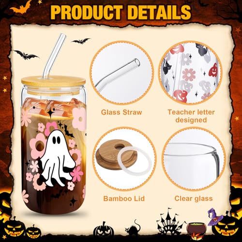 Halloween Mason Cup Set - Trick or Treat Style, 6 Glass Tumblers with Lids & Straws