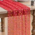 Red Gauze Stars Moon Table Runner 28x120 Inch Glitter Metallic Sheer Decor