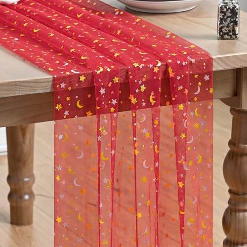 Red Gauze Stars Moon Table Runner 28x120 Inch Glitter Metallic Sheer Decor