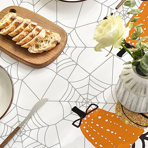 Halloween Tablecloth 90x90 Inch Round Jack-O-Lantern Cobweb White - Durable Polyester