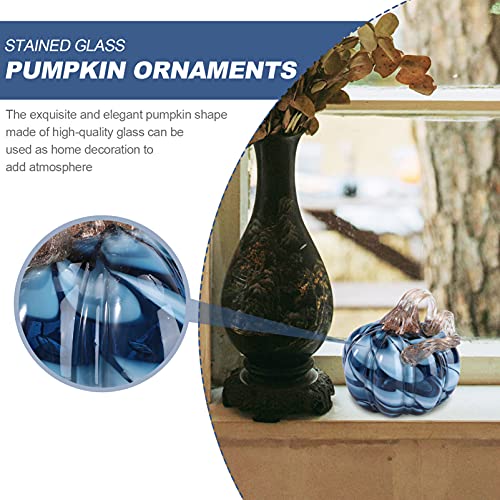 Hand Blown Glass Pumpkin Figurine - Blue Fall Harvest Halloween Decor