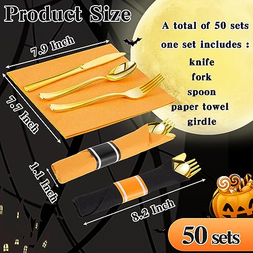 Halloween Silverware Set for 50 Guests - Black & Orange Pre-Rolled Plastic Cutlery with Napkins