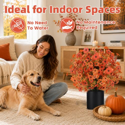 Artificial Fall Flowers in Pot - Orange Mix, 24 Inch Outdoor Decor - 2 Pack