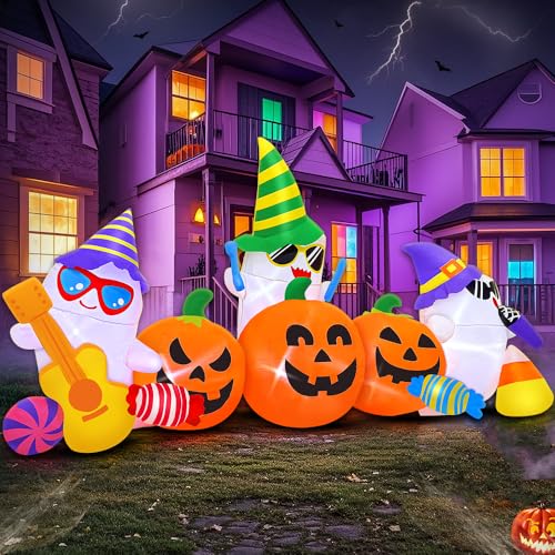 8FT Halloween Inflatable Ghost Pumpkin Band Decoration with LED Lights - Outdoor Yard Halloween Decor, Music Pumpkin Variation