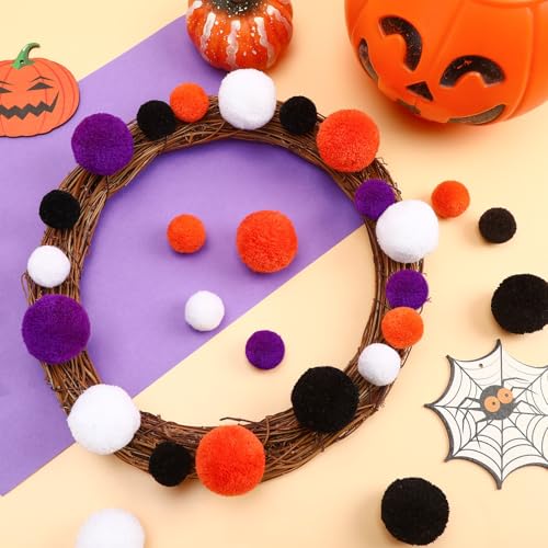 Halloween Yarn Pom Poms Set - Large & Small 60Pcs in Black Orange Purple White