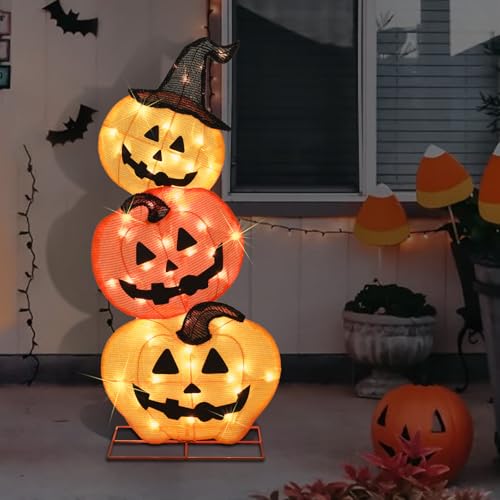 Lighted Halloween Stacked Pumpkins Decoration with 50 Warm White LEDs - Indoor & Outdoor Porch Yard Display - 39 Inches Tall - Variations of Stacked Pumpkins