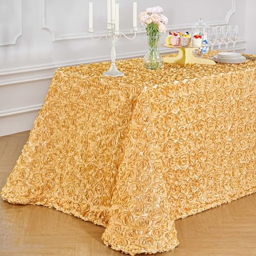 90x156 Inch Light Gold Satin Rosette Tablecloth - 3D Floral Wedding Cover
