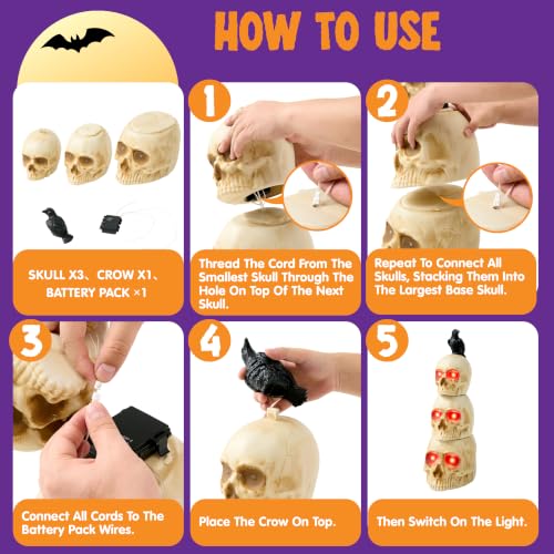 Stackable Skeleton Decor with Glowing Skulls and Crow for Halloween Yard Indoors