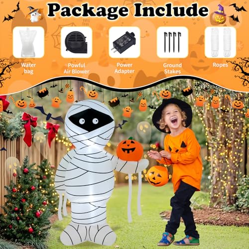 4FT Inflatable Mummy Halloween Decoration with LED Lights & Pumpkin - Outdoor Indoor Decor