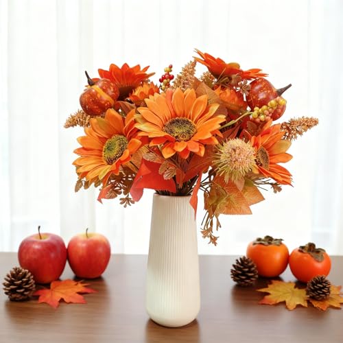 Artificial Fall Sunflower Bouquet with Pumpkin and Pinecones - 2 Pack, Outdoor & Indoor Decor