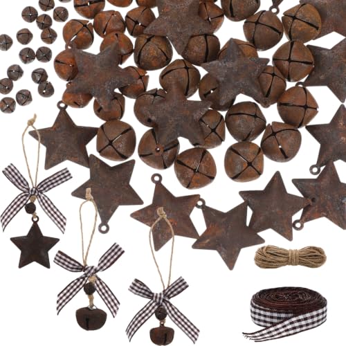 Vintage Rusty Metal Bells & Stars Christmas Craft Kit with Twine & Ribbon - 82 Pieces