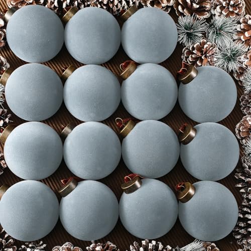 Velvet Christmas Ball Ornaments Bulk 15Pcs Flocked Tree Decorations Dusty Blue 3.15 Inch