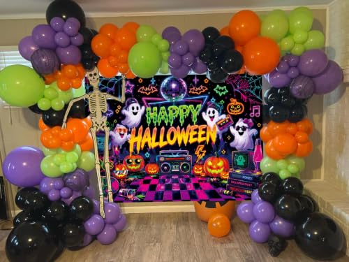 90s Retro Halloween Backdrop 6x4FT Neon Spooky Ghosts Pumpkins Party Decor