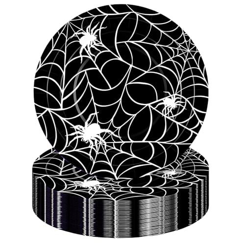 Umigy 100PCS 7-Inch Halloween Spider Web Paper Plates - Black, Disposable Party Tableware