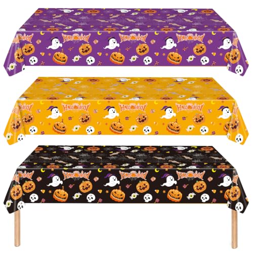 Halloween Disposable Plastic Tablecloths 3 Pack - Waterproof Pumpkin & Ghost Pattern, 54x108 Inches