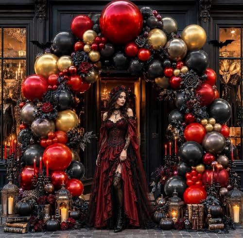 Halloween Balloon Arch Kit Double Stuffed Dark Red Burgundy Black Balloons - Variation of Red Black Gold