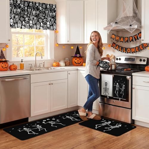 Halloween Skeleton Kitchen Decor Set - Black & Spooky Skeleton Towels Rugs